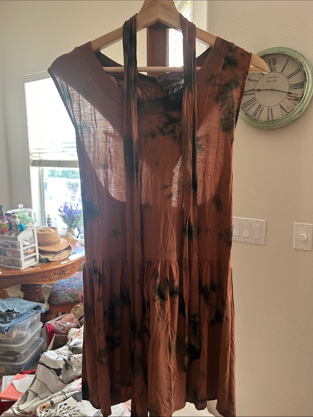 POL Brown Tie-Dye Sleeveless Tank Top with Long Scarf Detail